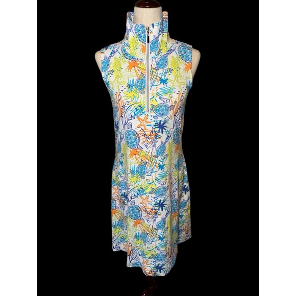 Lulu B Dress All Over Print Turtles Vibrant Beachy Sz XS Zip Mock Neck Vacation - Picture 3 of 8